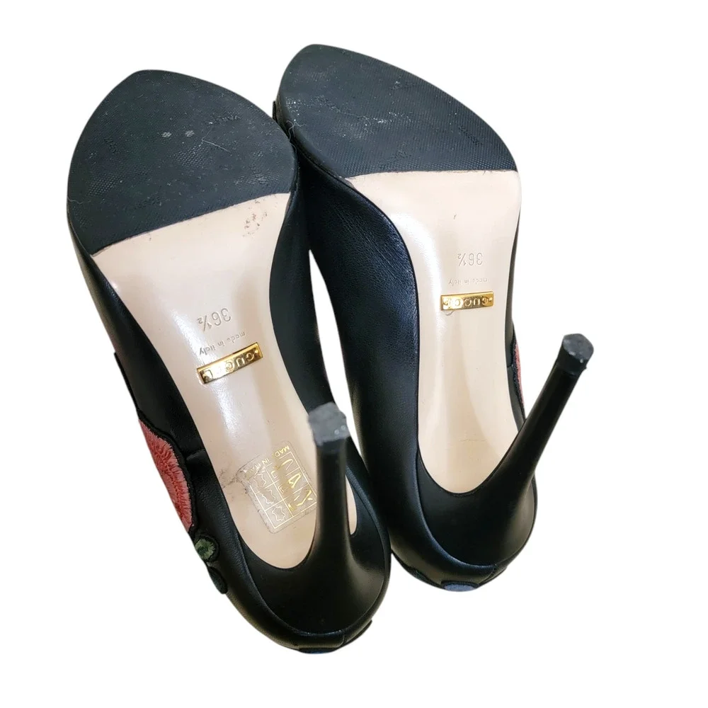 Gucci Floral Ophelia Black Leather Heels Embroidered Pointed Toe Pumps 36.5 6.5